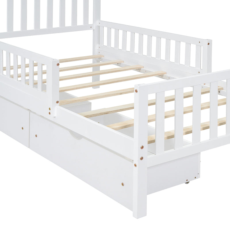 Platform Bed With Guardrails On Both Sides And 2 Storage Drawers