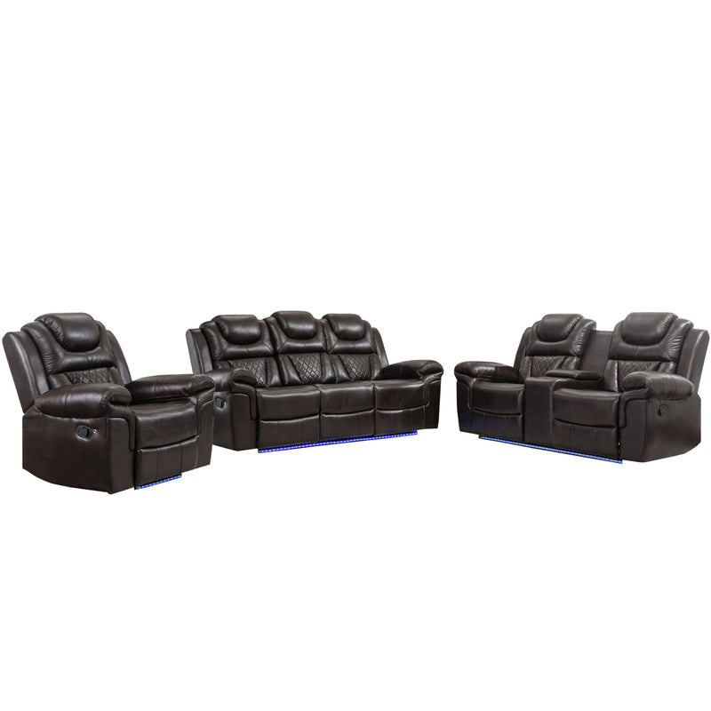 3 Pieces Recliner Sofa Sets Home Theater Seating Manual Recliner Chair With Center Console And LED Light Strip For Living Room