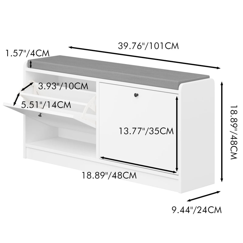 Shoe Storage Bench With Cushion, Entryway Organizer Cabinet For Hallway - White