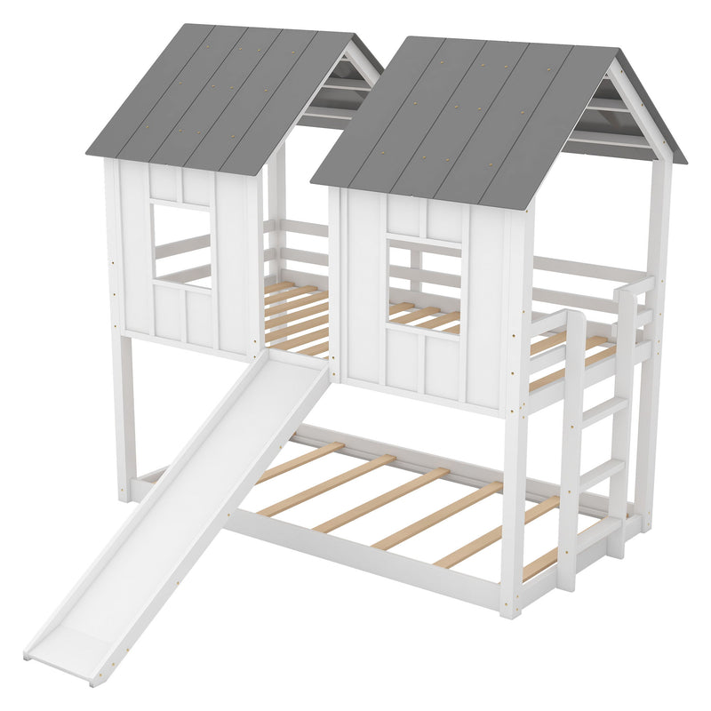 Twin Over Twin House Bunk Bed & Slide And Windows - White