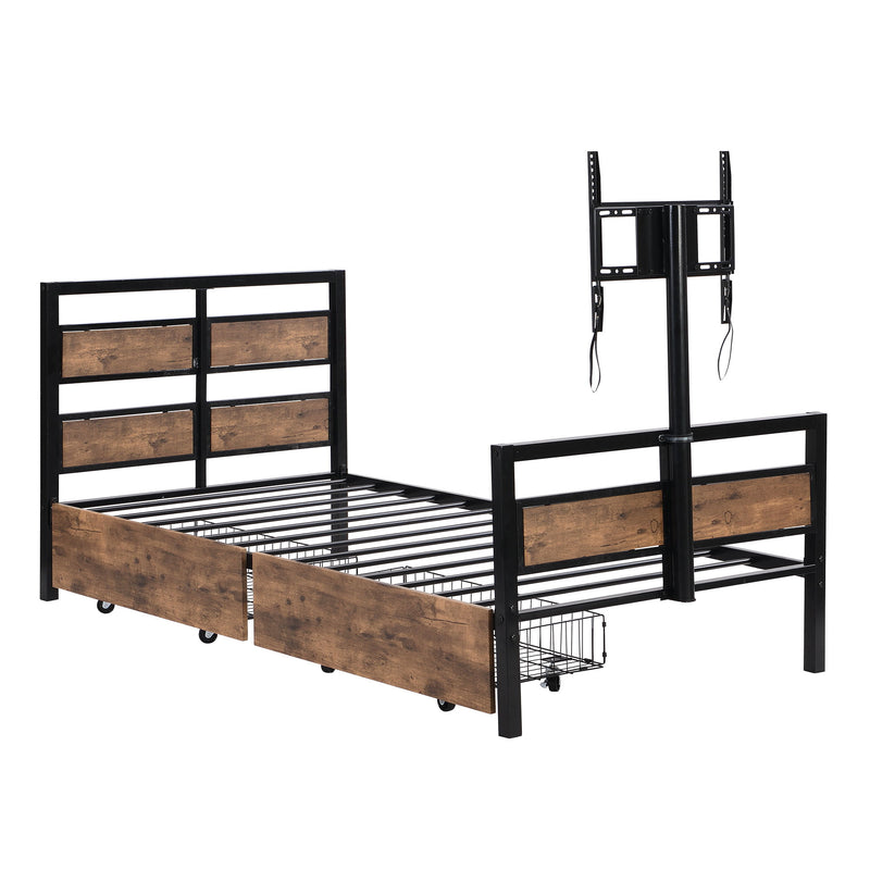 Twin Size Platform Bed With Headboard And Footboard, 2 Storage Drawers And Rotatable TV Stand - Black
