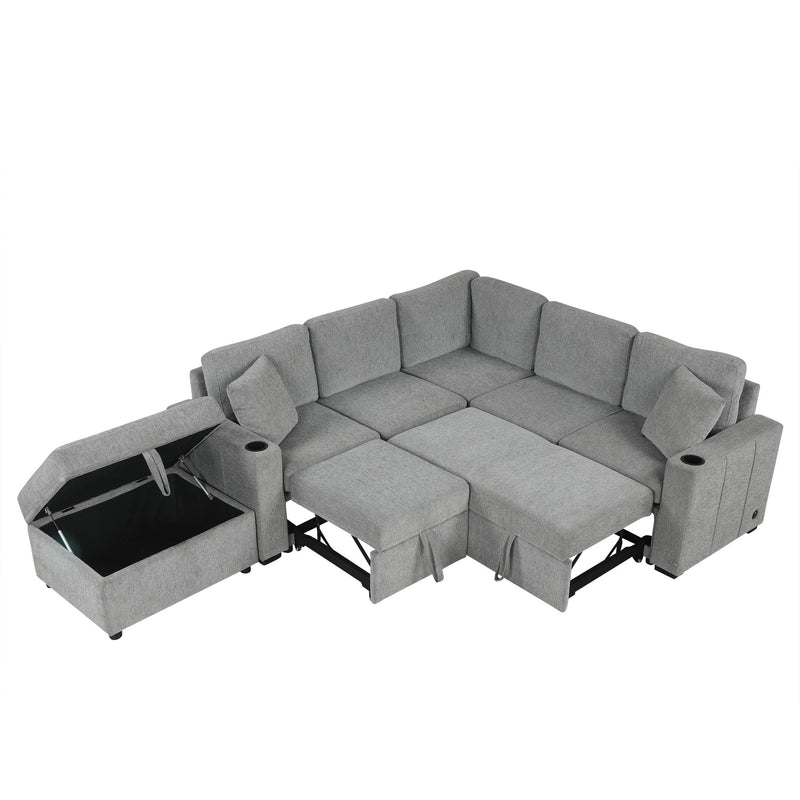 Sectional Sofa Convertible Pull-Out Sofa Bed With A Movable Storage Ottoman For Living Room