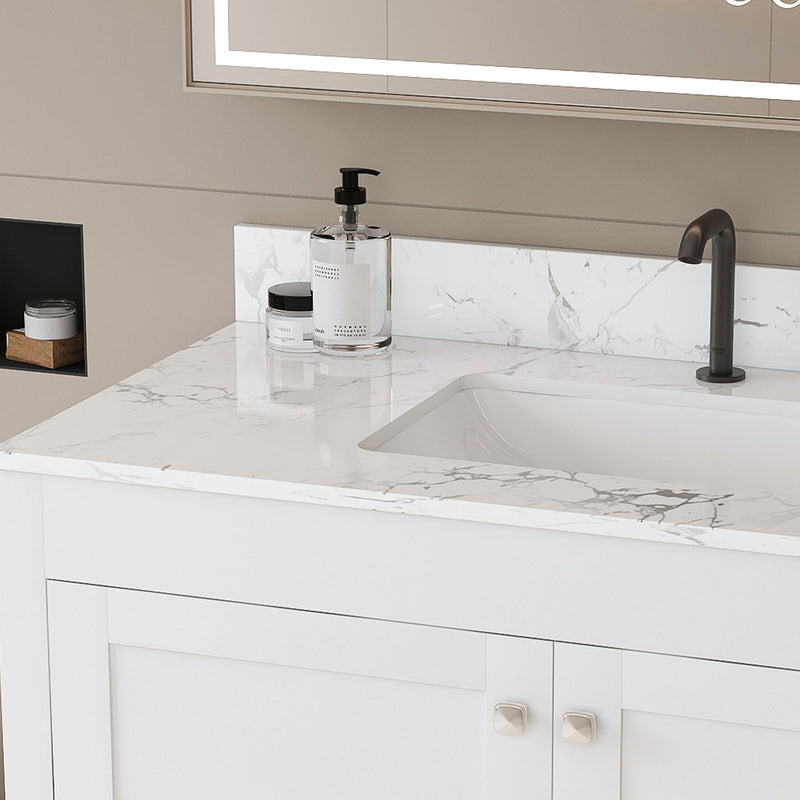 43" Bathroom Vanity With Artificial Marble Carrara Top Set, Multi Functional Cabinet With Doors And Drawer - White