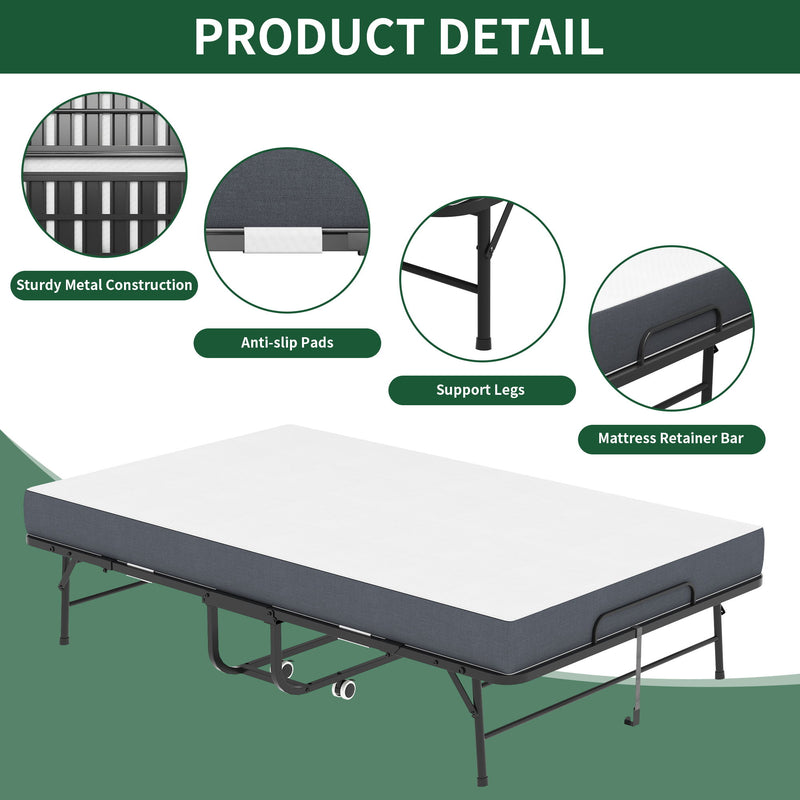 Twin Wide Folding Bed For Tall People, Extra Long & Wide Rollaway With Memory Foam, Heavy-Duty Capacity Guest, Spacious Portable Cot - Black