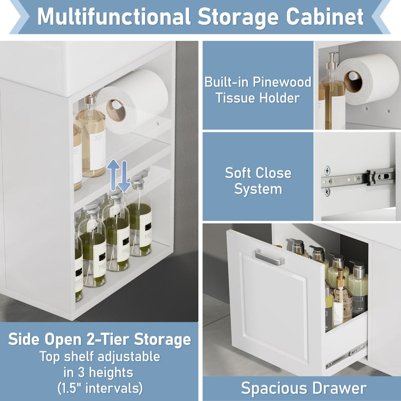 Modern Wall Mounted Bathroom Vanity With Sink, Soft Close Drawer, Adjustable Shelf, Toilet Paper Holder