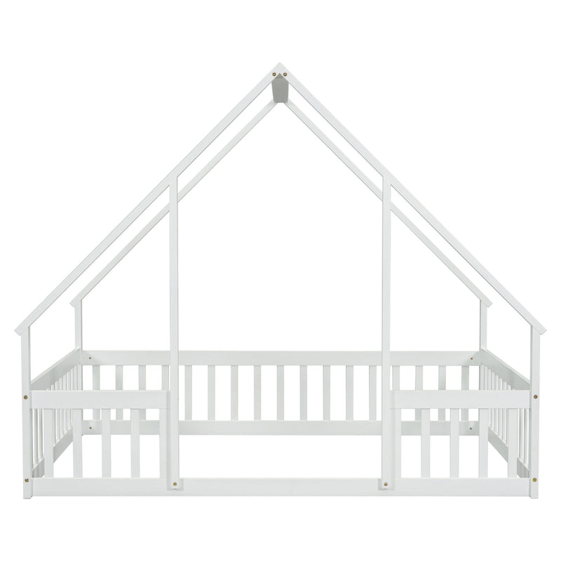 Wood House-Shaped Floor Bed With Fence, Guardrails