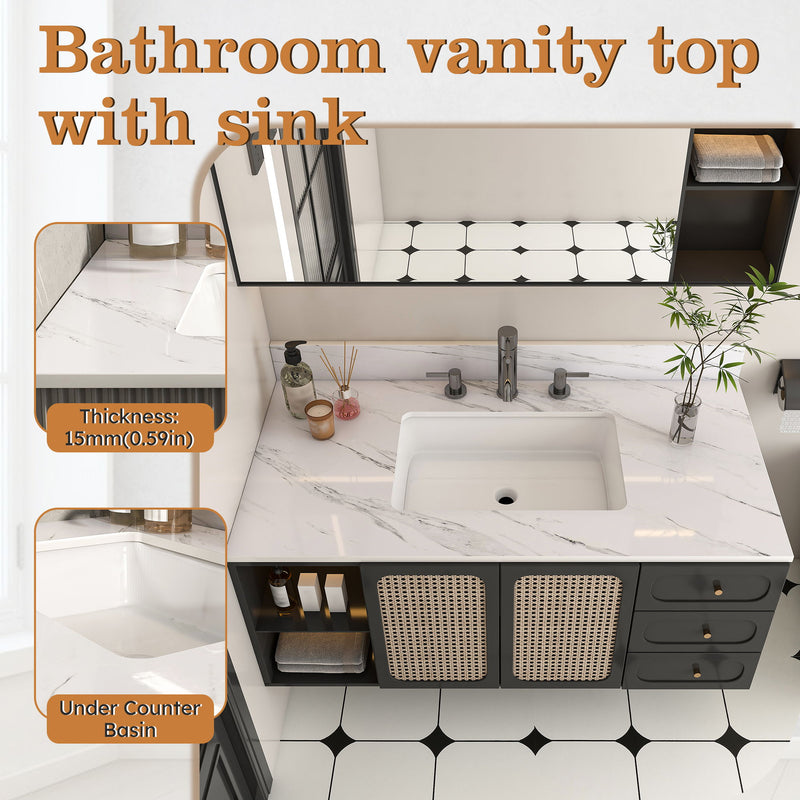 Bianco Carrara Venato Elegant Marble Vanity Top, Bathroom Vanity With Undermount Sink, Sintered Stone