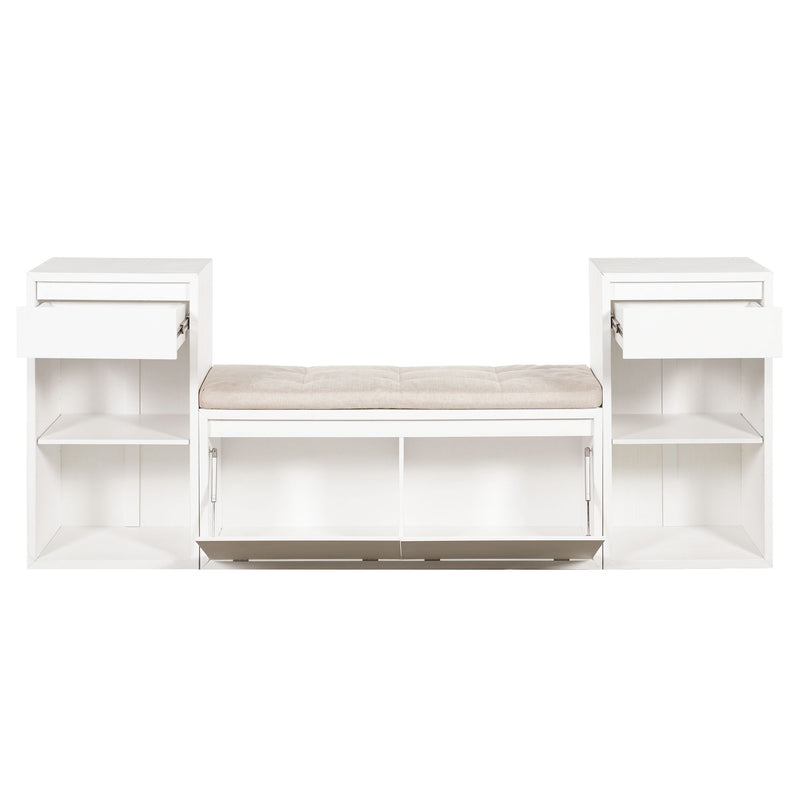 Entryway Storage Bench With Cushion, Drawers & Open Shelves