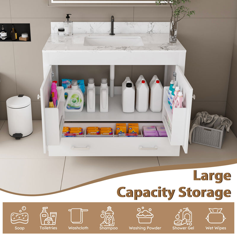 43" Bathroom Vanity With Artificial Marble Carrara Top Set, Multi Functional Cabinet With Doors And Drawer - White