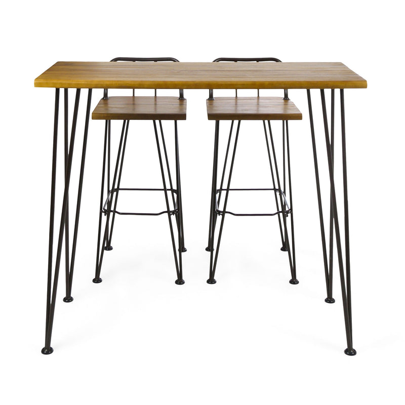Dione Outdoor Industrial Acacia Wood Bar Set With Metal Frame And Slat Paneling - Brown