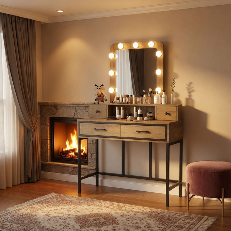 Vanity Desk With 3 Color Lighted Mirror And 4 Drawers