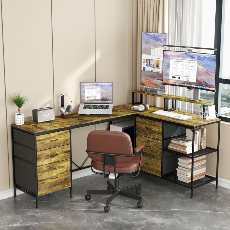 Industrial L Shaped Computer Desk With Power Outlets & USB-C, 6 Fabric Drawers, 3 Open Shelves, Movable Monitor Stands - Brown