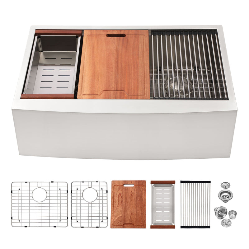 Double Bowl Farmhouse Sink Workstation 33" Stainless Steel 16 Gauge Apron Front - Brushed Nickel