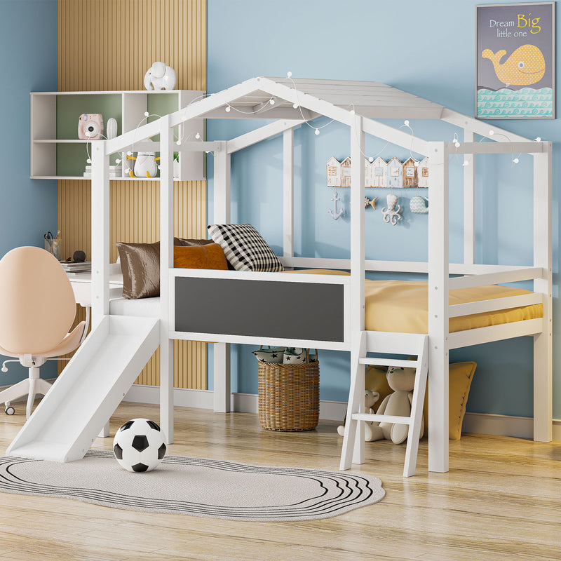 Loft House Bed With Ladder And Slide, With board And Light Strip On The Roof