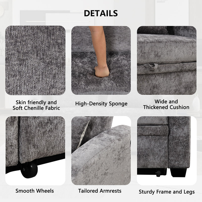 Pull Out Loveseat Sofa With Adjsutable Backrest, 2 Pillows, Cup Holders, USB Ports For Living Room