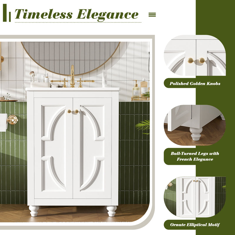 Bathroom Vanity With Ornate Elliptical Motif, Soft Close Hinges