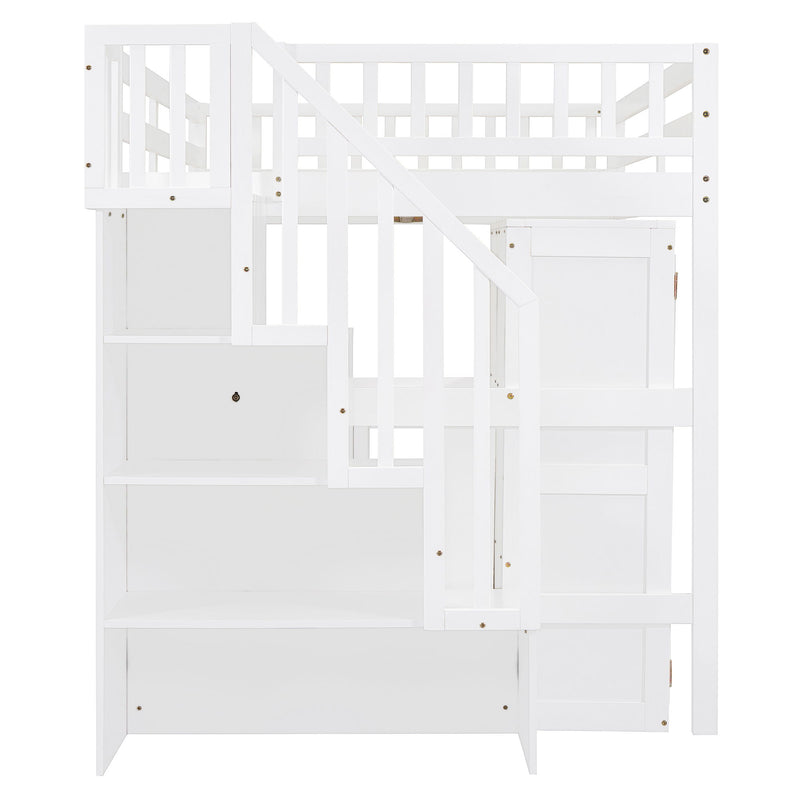 Loft Bed With Stairs, Bookshelf, Drawers, Desk & Wardrobe, Space Saving Multifunctional Furniture