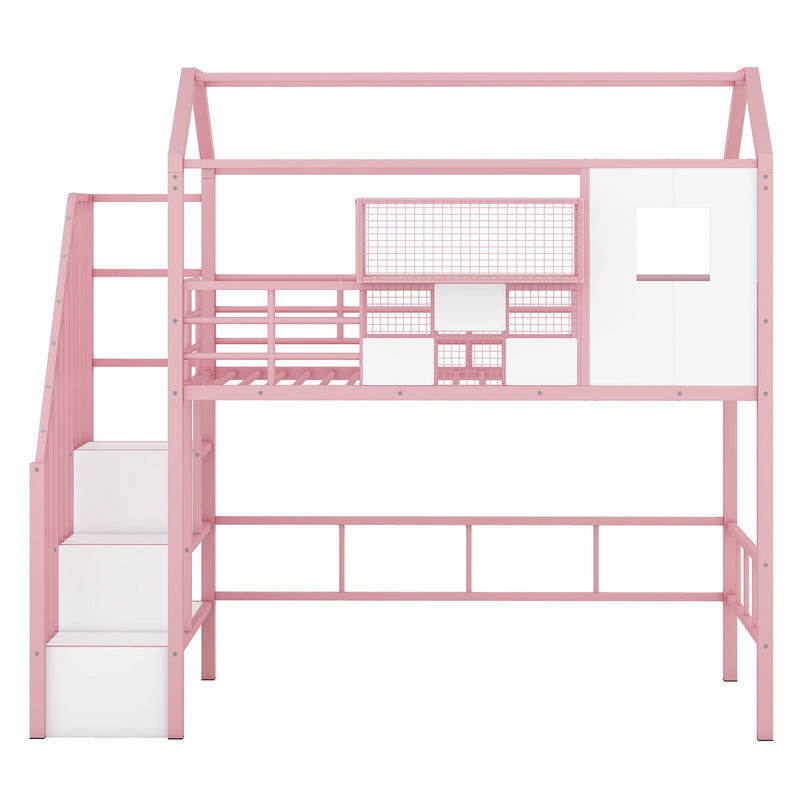 Metal Loft Bed With Roof Design And Storage Box With Guardrails And Integrated Ladder