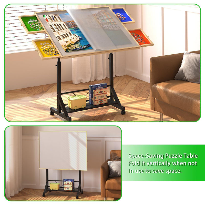 360 Degree Tilting Wooden Puzzle Table With 1500 Pieces, Rolling Design With Adjustable Height, Drawer, And Protective Cover - Black / Natural Wood