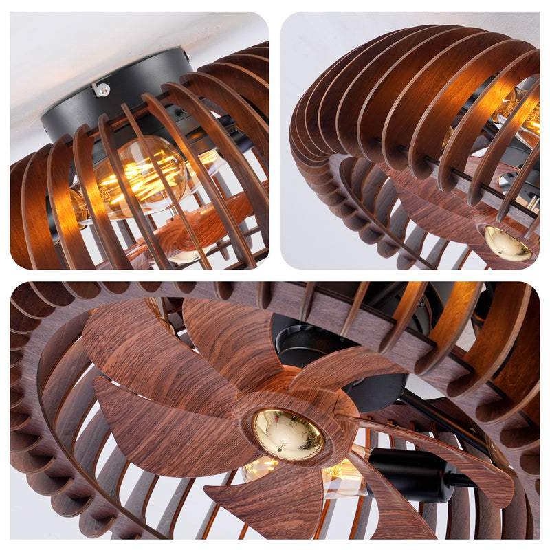 Semicircle Flush Mount Fan Light, (No Included Bulbs) And Remote Control, 6 Speeds, Quiet DC Motor For Living Room - Wood