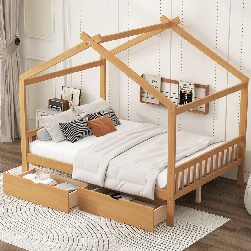 House Style Platform Bed With Headboard, Footboard, 2 Drawers, And Roof Design