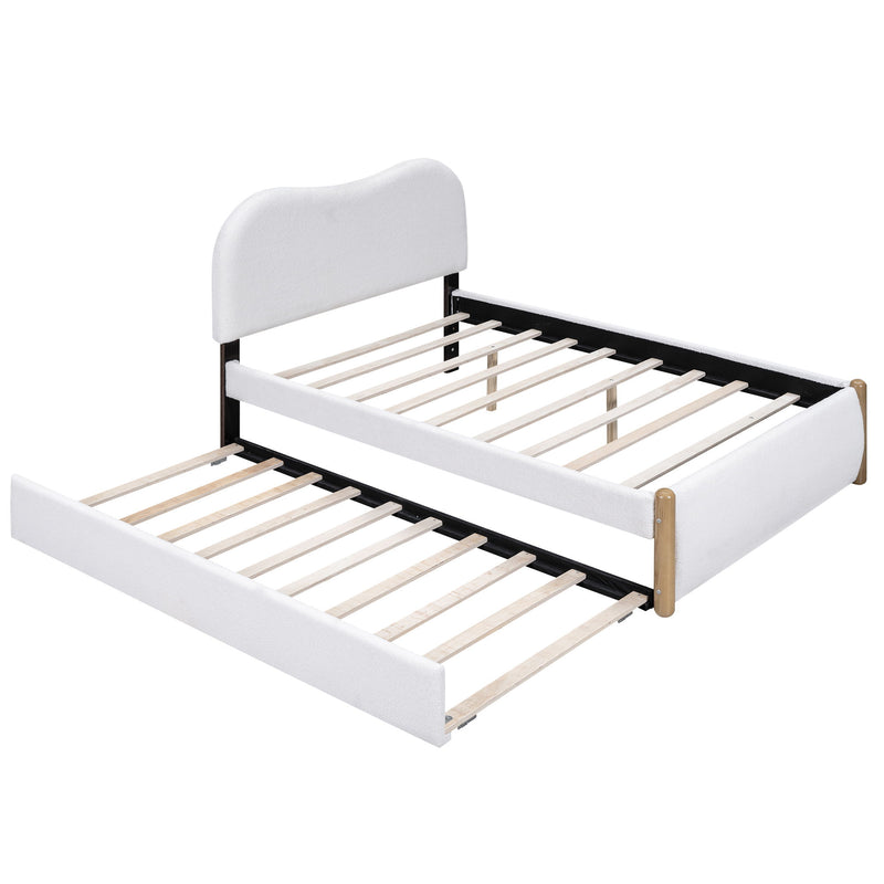 Upholstered Platform Bed With Wood Supporting Feet And Trundle