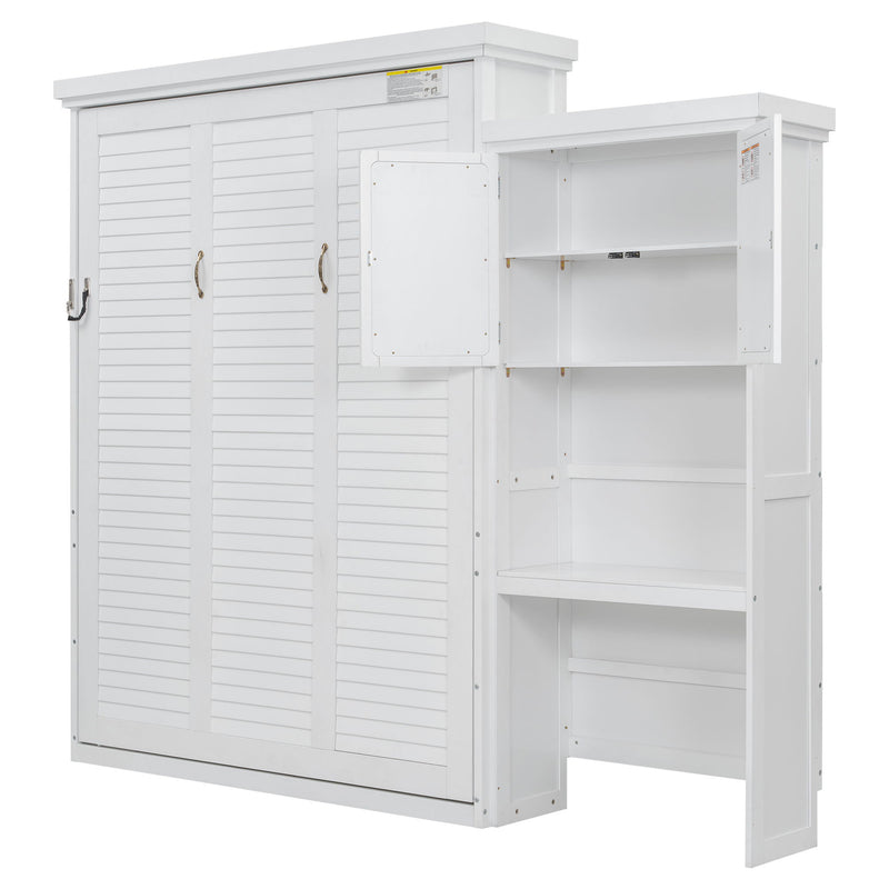 Queen Size Murphy Bed With Louvered Design And Multiple Storage Shelves - White