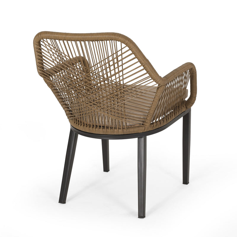 Modern Wicker Dining Club Chair With Water Resistant Cushions - Brown / Beige