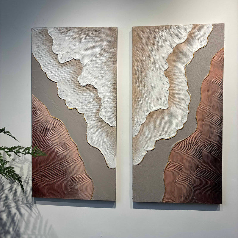 Abstract Wall Art, Textured Canvas Painting With Accents, Decor For Living Room (Set of 2) - Antique Brown / White