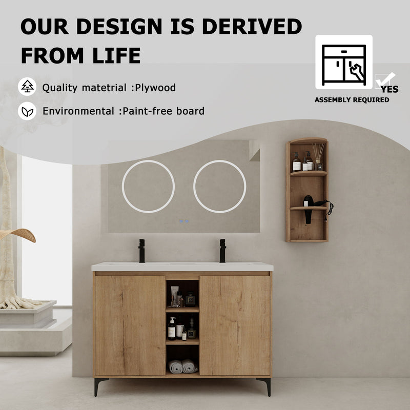 Elegant 48" Freestanding Bathroom Vanity With Double Resin Sink And Storage Rack Soft Close Doors - Imitative Oak
