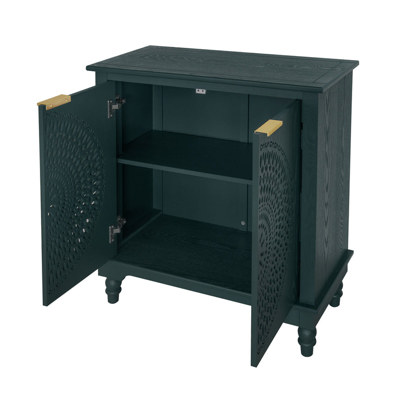 Hollow Carved 2 Door Accent Cabinet With Adjustable Shelf, Sideboard Buffet For Entryway, Living Room Or Bedroom - Blackish Green
