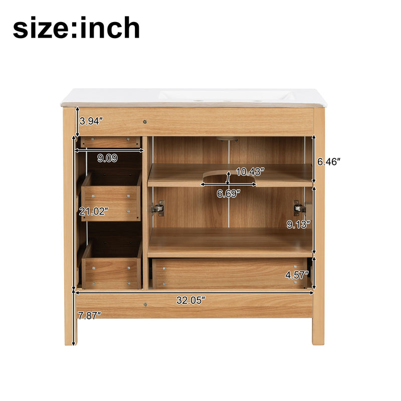 36" Bathroom Vanity, 2 Soft Close Doors, 4 Soft Close Drawers, Adjustable Shelf, Storage Cabinet - Acacia Wood