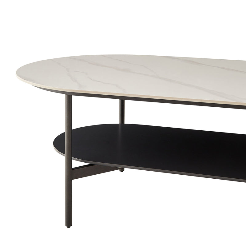 Contemporary Coffee Table Sintered Stone Surface With Ceramic Finish Double Layer Design Base Matte Shelf Modern Living Room Center Table - White / Gray