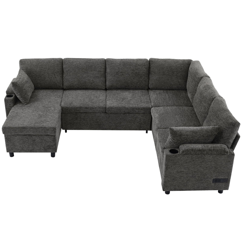 U-Shaped Sectional Sleeper Sofa With Ample Storage Space, 2 Cup Holders And Charging Ports For Living Room
