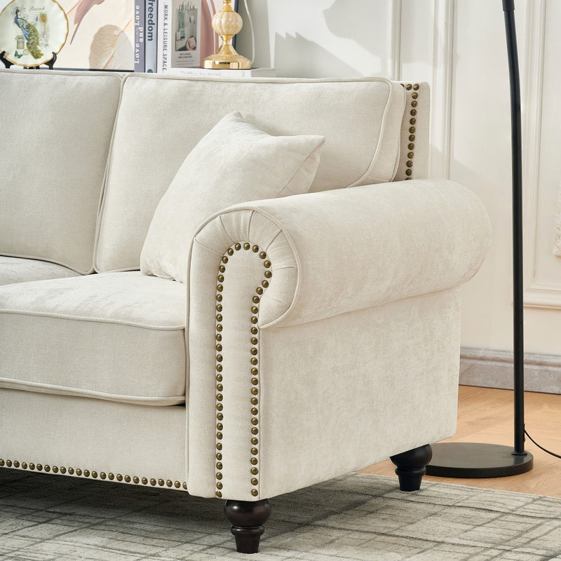3 Seater Sofa With Tufted Upholstery, Rolled Arms, Nailhead Trim