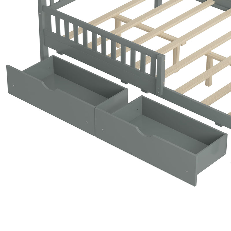 Platform Bed With Guardrails On Both Sides And 2 Storage Drawers