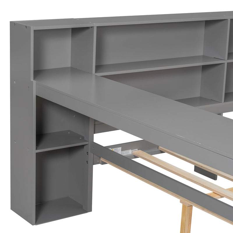 Platform Bed With Storage Shelves, Drawers, Charging Station, LED, Desk