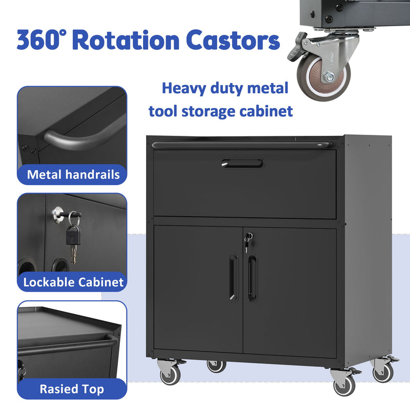 Sturdy And Durable Metal Tool Cabinet For Garage With Wheels Mobile Heavy Duty Storage Cabinet With 1 Drawer And 2 Locking Doors