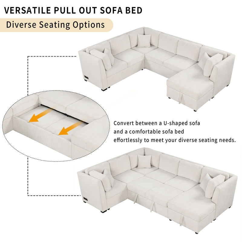 U-Shaped Sectional Sofa Pull Out Sofa Bed With Two USB Ports, Two Power Sockets, Three Back Pillows And A Storage Chaise For Living Room