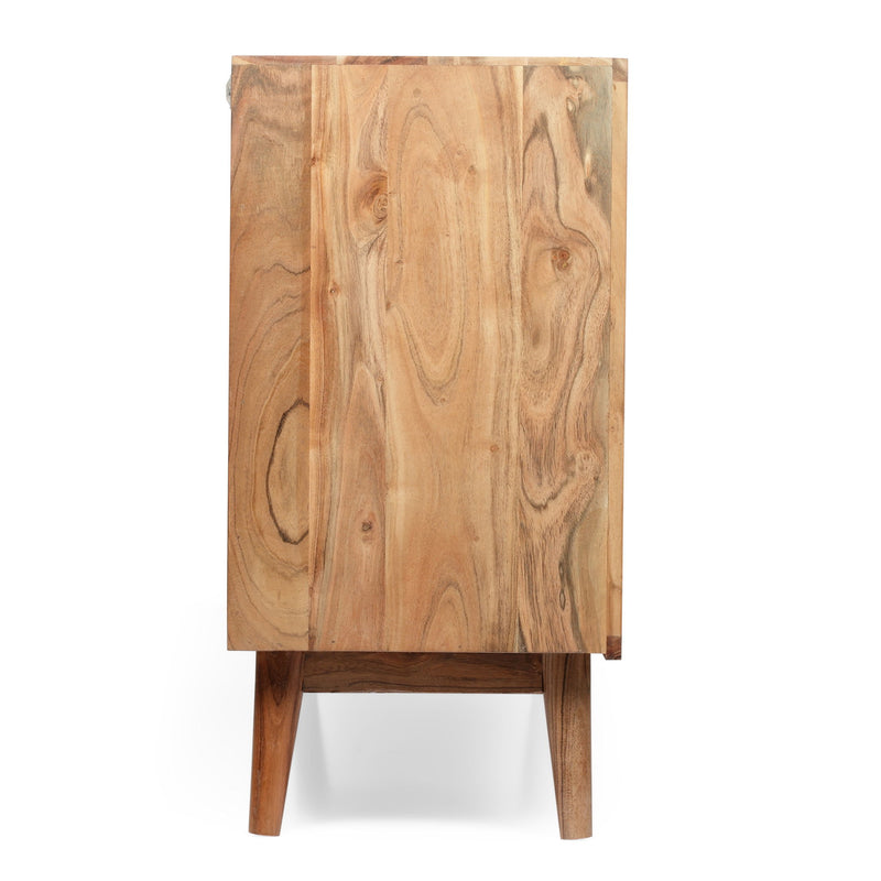 Boho Handcrafted 3 Door Sideboard, Carved Texture & Artisanal Charm - Natural