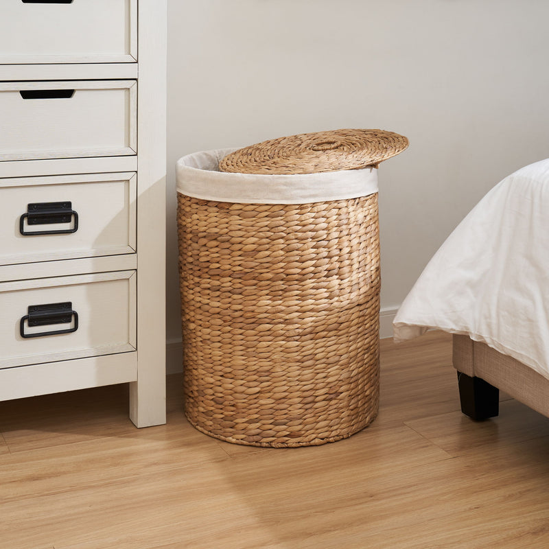 Round Tall Water Hyacinth Woven Wicker Laundry Hamper With Lid - For Clothes, Toys And Book Storage With Removable Liner - 15" X 15" X 20" - Natural Brown