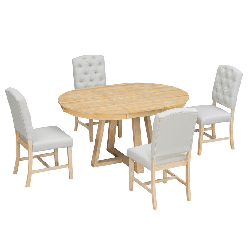 Dining Set With Leaf Round Table And 4 Upholstered Chairs