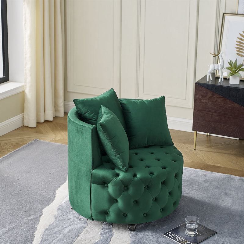 Modern Upholstered Swivel Chair With Button Tufted Design And Movable Wheels