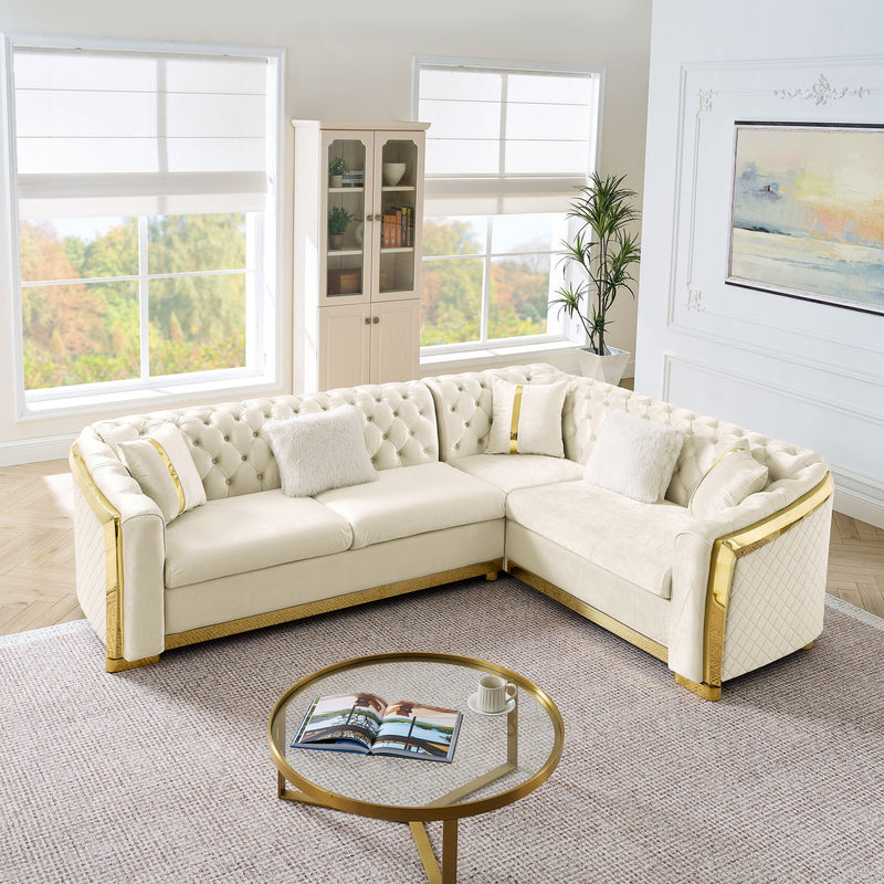 L Shaped Chesterfield Sectional Sofa With Stainless Steel Accents