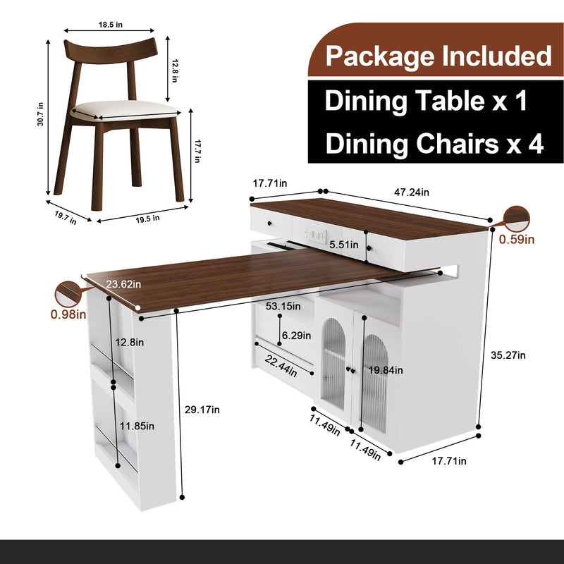 Retro Kitchen Island Set With Chairs, Extendable & Rotating Table, 4 Drawers & Door Cabinets