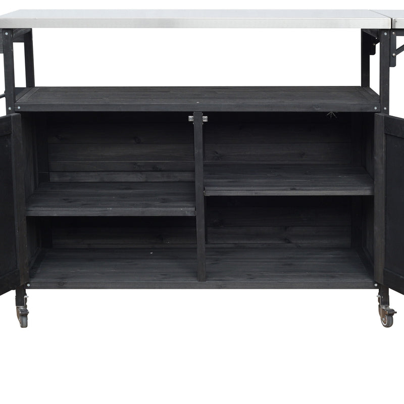 Foldable Outdoor Kitchen Island With Lockable Wheels, Storage Cabinet And Towel Rack For Patio