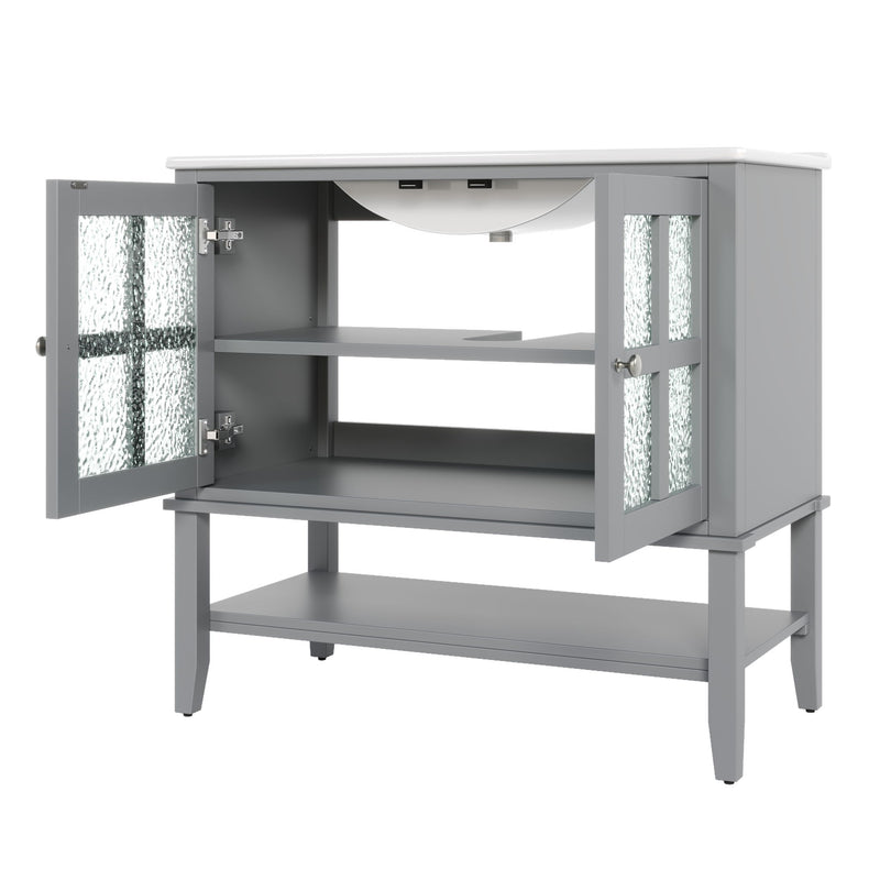 Bathroom Vanity With Ceramic Sink, Adjustable & Open Shelf