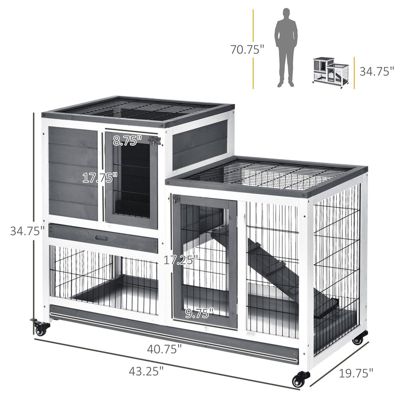Pawhut - Wooden Rabbit Hutch Elevated Bunny Cage Indoor Small Animal Habitat With Enclosed Run With Wheels, Ramp, Removable Tray Ideal For Guinea Pigs - Gray / White