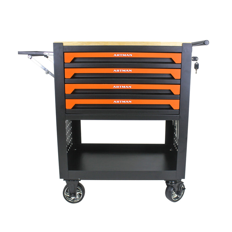 4 Drawers Multifunctional Tool Cart With Wheels And Wooden Top - Orange