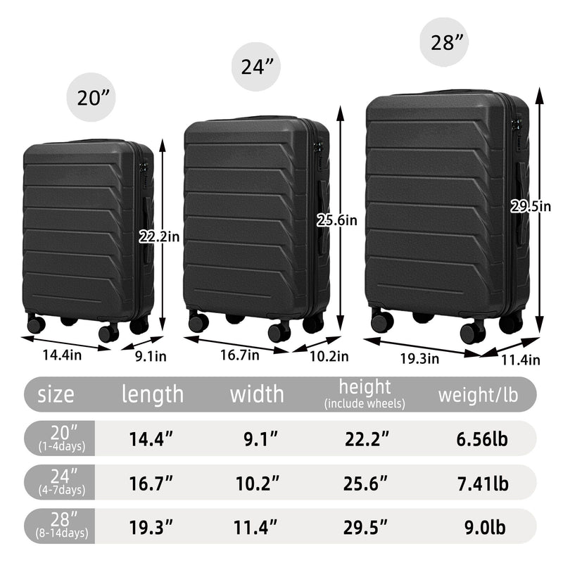 3 Pieces Set 20" / 24" / 28" Spinner Wheel Luggage With Combination Lock